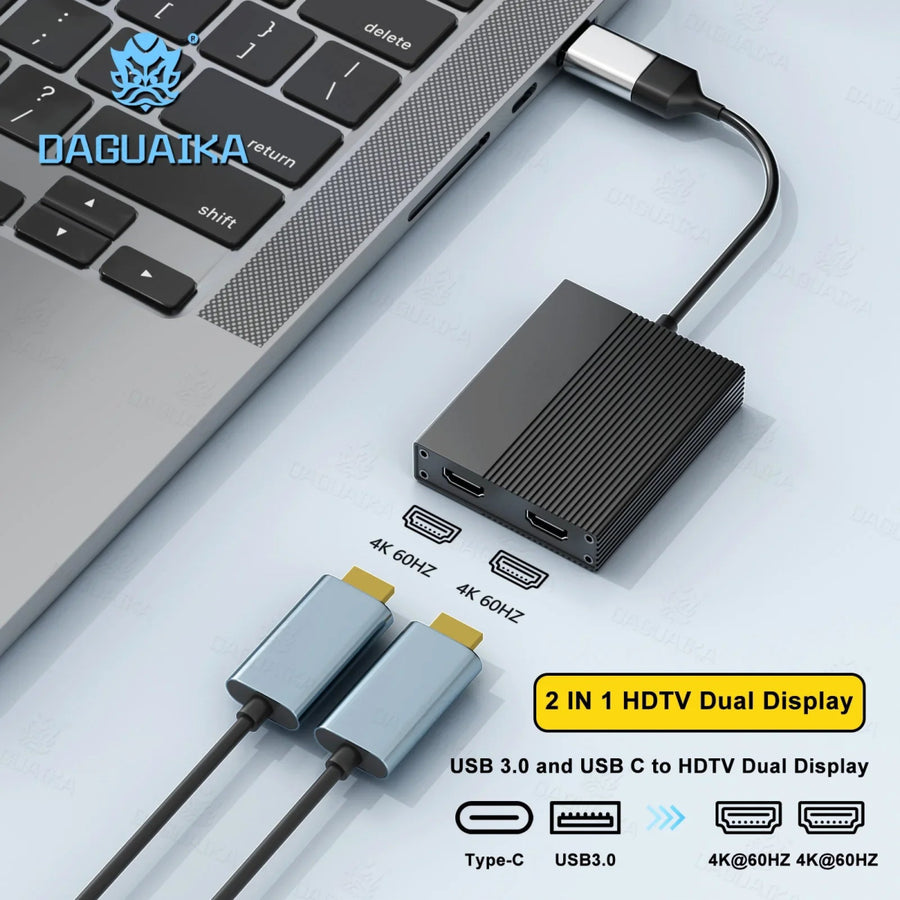 Station d’accueil USB C/USB 3.0 vers Dual HDMI 4K 60Hz - Compatible MacBook Pro, Windows, Android - Certifié CE/FCC/RoHS - Maison du portable